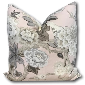 Bermuda Blossoms Blush Pillow - Pink Floral - High End Pillow - Designer Pillow - Chinoiserie Pillow - w/Ivory Linen Reverse - ONE COVER