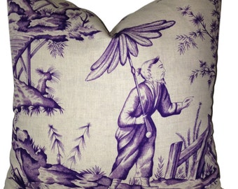 Shengyou Toile Iris Pillow Cover w/Linen on Reverse- Purple Pillow - Schumacher Pillow - Purple Toile - Purple Chinoiserie Pillow COVER ONLY