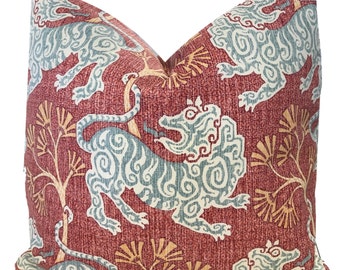 Lion Dance Pillow Cover Blue Lion Pillow Cover Blue Tiger Pillow Asian Pillow BOTH Sides  - Chinoiserie  Pillow - Body Pillow COVER ONLY