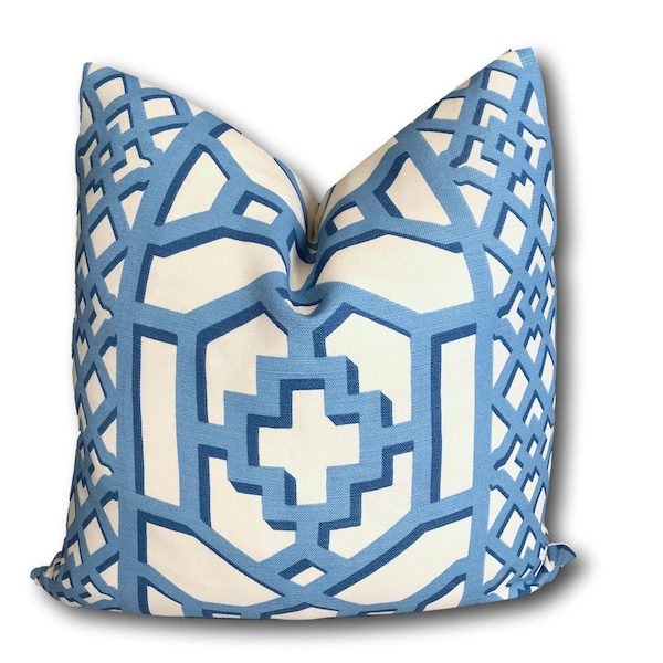 Schumacher Zanzibar Trellis Blue Matte Pillow Cover - Schumacher Trellis Blue -  Blue Geometric Decorative Pillow Cover - COVER ONLY