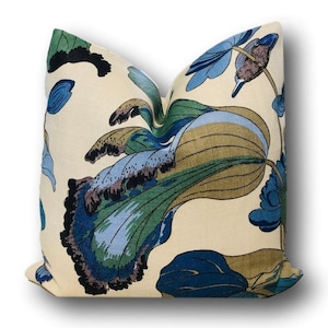 Nympheus Lily Pad Aqua Teal  Pillow Cover w/Ivory linen reverse  - JP & G Baker Bird Pillow  - Aqua Teal Pillow - Crane Pillow COVER ONLY