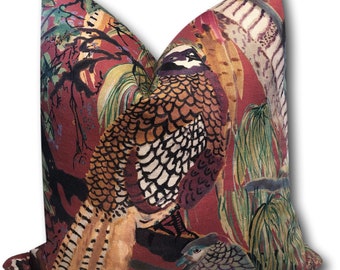 Mulberry Lee Jofa Linen Game Birds Red Plum pillow cover - Hunting Pillow Cover - Sportsman Pillow Cover - Pheasant Quail Pillow  COVER ONLY