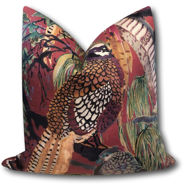 Mulberry Lee Jofa Linen Game Birds Red Plum pillow cover - Hunting Pillow Cover - Sportsman Pillow Cover - Pheasant Quail Pillow  COVER ONLY