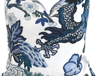 Chiang Mai  China Blue Pillow Cover w/Ivory Linen Reverse -  Blue Floral Pillow - Blue Chinoiserie Pillow  - Schumacher pillow  COVER ONLY