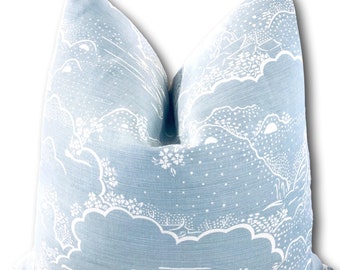 Schumacher Kumo Village Pillow Cover: Sky Blue Toile, White Linen