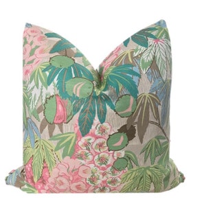 Pink Throw Pillow Schumacher Del Lungo w/solid linen reverse- Blue Green Pink  Floral Designer Pillow 18x18 - 20x20 - 22x22 - COVER ONLY