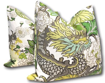 Chiang Mai Citrus Pillow Cover - Grey Yellow  Schumacher Pillow -  One Pair w/Linen - Dragon Pillow - Designer Pillows - TWO COVERS ONLY