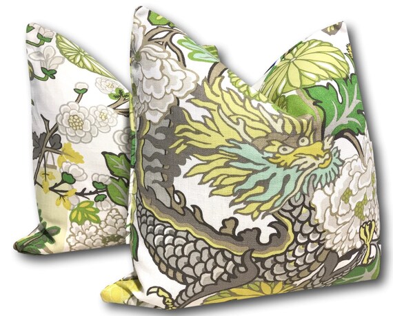 Chiang Mai Citrus Pillow Cover - Grey Yellow  Schumacher Pillow -  One Pair w/Linen - Dragon Pillow - Designer Pillows - TWO COVERS ONLY