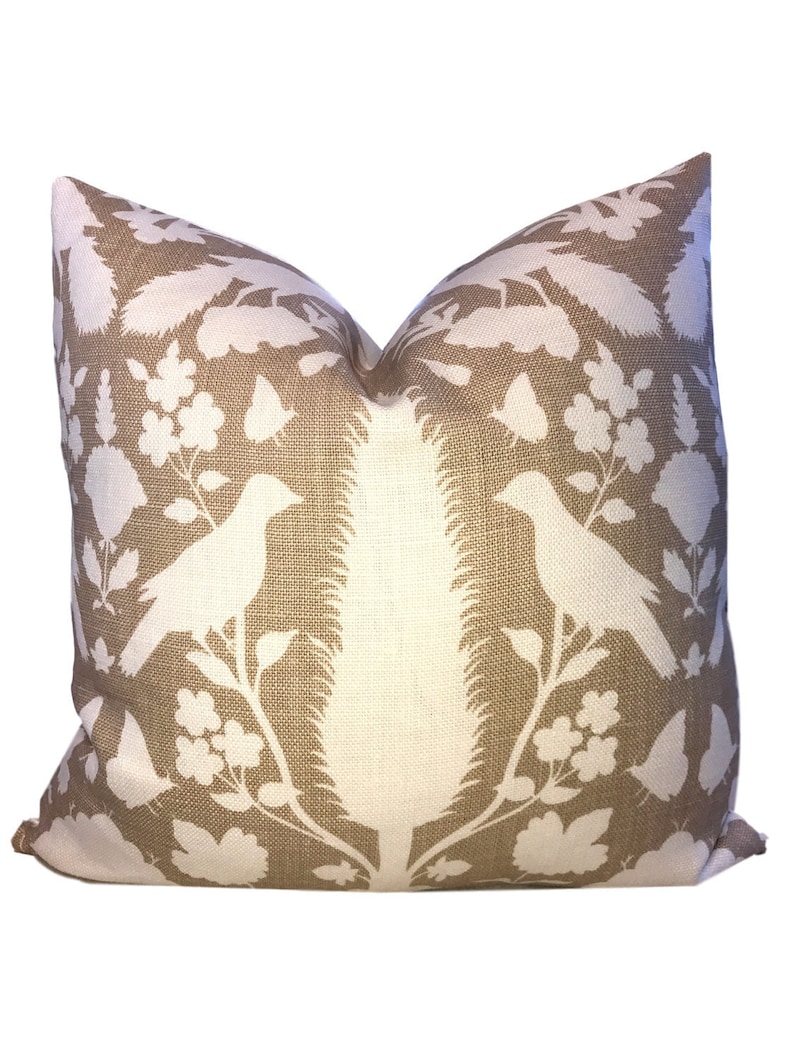 Schumacher Pillow Tan Pillow COVER ONLY Peacock Pillow Cover Chenonceau Fawn Pillow Cover- Brown Bird Pillow