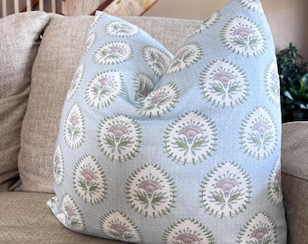 Spa Blue Pillow Cover in a Pastel Pink Floral Block  Print Custom Made Pillow in Danika Herrick Daphne Floral Block Print COVER ONLY