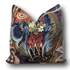Schumacher Zanzibar Cerulean Pillow Cover w/ivory linen reverse - Blue Brown Floral Pillow  -  Schumacher Floral Pillow COVER ONLY
