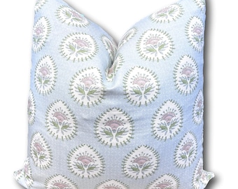 Spa Blue Pillow Cover in a Pastel Pink Floral Block  Print Custom Made Pillow in Danika Herrick Daphne Floral Block Print COVER ONLY