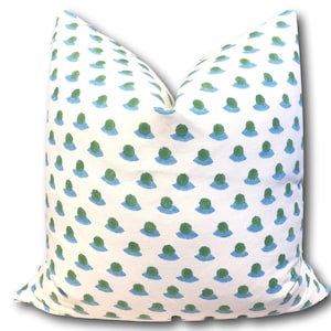 Schumacher Berry Hand Block Print  Pillow Cover w/ Ivory Linen on Reverse - Blue Green Schumacher Pillow - Geometric Pillow COVER ONLY