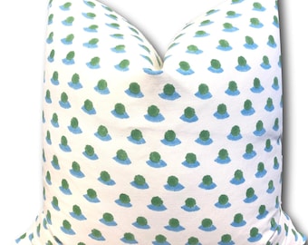 Schumacher Berry Hand Block Print  Pillow Cover w/ Ivory Linen on Reverse - Blue Green Schumacher Pillow - Geometric Pillow COVER ONLY