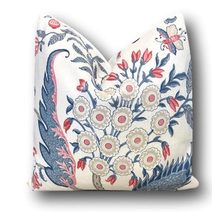 Arborvitae Rose and Delft Pillow Cover w/solid linen reverse Blue Pink Floral Pillow Schumacher Pillow 18x18 20x20 22x22 COVER ONLY image 2