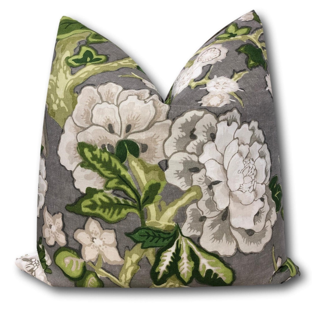 Bermuda Blossoms Slate Pillow Cover W/ivory Linen Reverse - Gray Floral ...