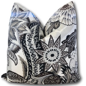 Schumacher Zanzibar Ebony Mocha Pillow Cover w/ivory linen reverse - Black Brown Floral Pillow  -  Schumacher Floral Pillow COVER ONLY