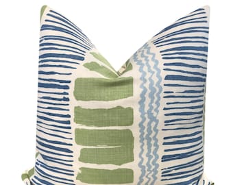 Saltaire Lime Indigo Luxury Designer Pillow  Modern Abstract Stripe Pillow Navy Green & Sky Blue Stripe High-End Elegant Home Décor Pillow