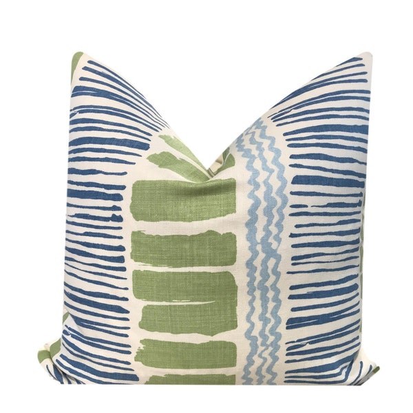 Saltaire Lime Indigo Luxury Designer Pillow  Modern Abstract Stripe Pillow Navy Green & Sky Blue Stripe High-End Elegant Home Décor Pillow