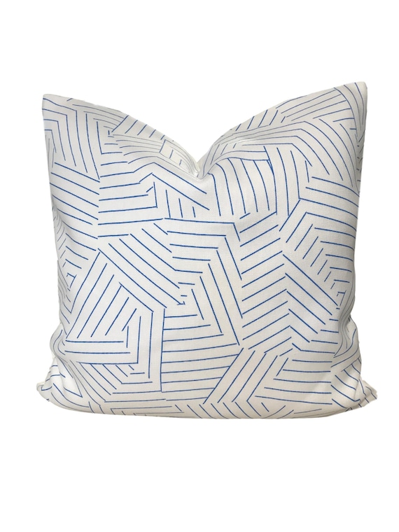 Deconstructed Stripe Cobalt Blue Pillow Cover  w/ Ivory Linen on Reverse  - Schumacher Pillow - Blue Geometric Pillow COVER ONLY