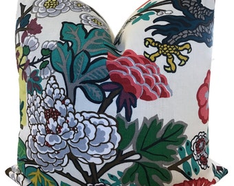 Chiang Mai Alabaster Pillow Cover w/Ivory Linen Reverse - Floral Pillow -Chinoiserie Pillow - Schumacher Pillow COVER ONLY