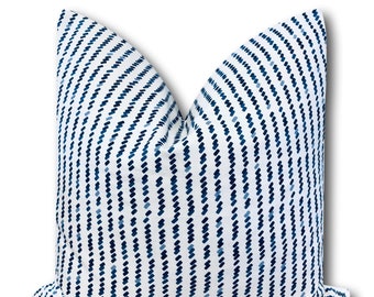 Schumacher Tic for Tac Blue Stripe Pillow Cover: Ivory Linen Reverse