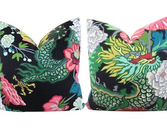 Chiang Mai Ebony Pillows Covers w/ivory linen reverse - Chinoiserie Pillow - Dragon Pillows - Schumacher Pillows -  TWO  Pillow COVERS ONLY