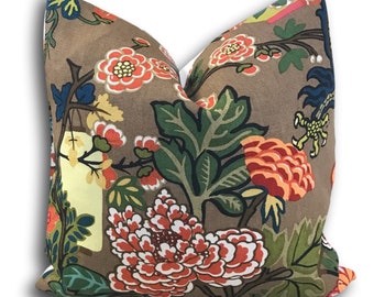 Chiang Mai Mocha Pillow Cover w/Ivory linen reverse - Brown Floral Pillow - Schumacher Pillow  - Brown Chinoiserie Pillow COVER ONLY