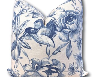 Blue Toile Floral Hummingbird Pillow Cover | Classic Blue and Ivory Bird Accent Pillow | French Country Grandmillennial Decor