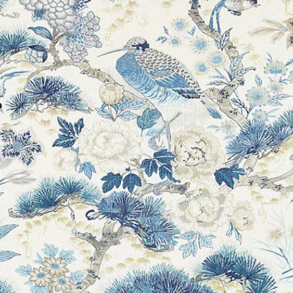 Scalamandre Shenyang  Porcelain Pillow Cover - Blue Floral Linen Chinois Pillow  w/Ivory Linen Reverse - Scalamandre pillow - COVER ONLY