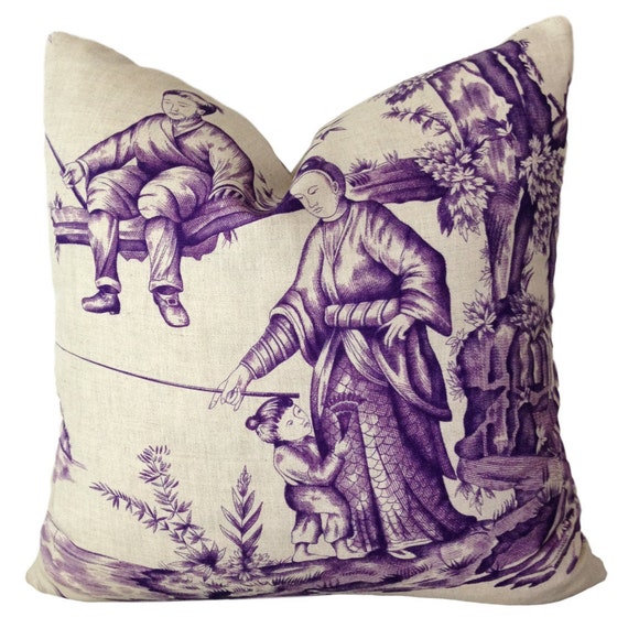 Shengyou Toile Iris Pillow Cover W Linen On Reverse Purple Etsy