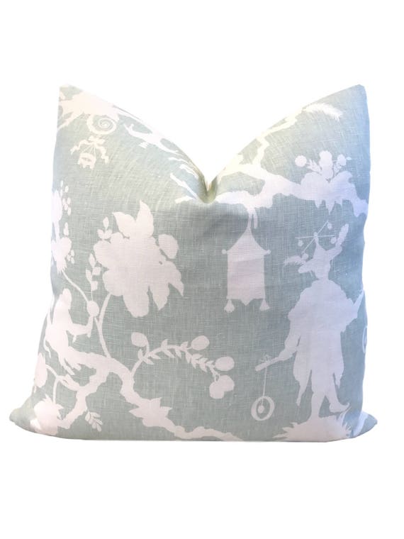 Schumacher Shantung Silhouette Pastel Green Toile Cushion  - Chinoiserie Decorative Throw Pillow - Elegant Designer Accent Pillow COVER ONLY