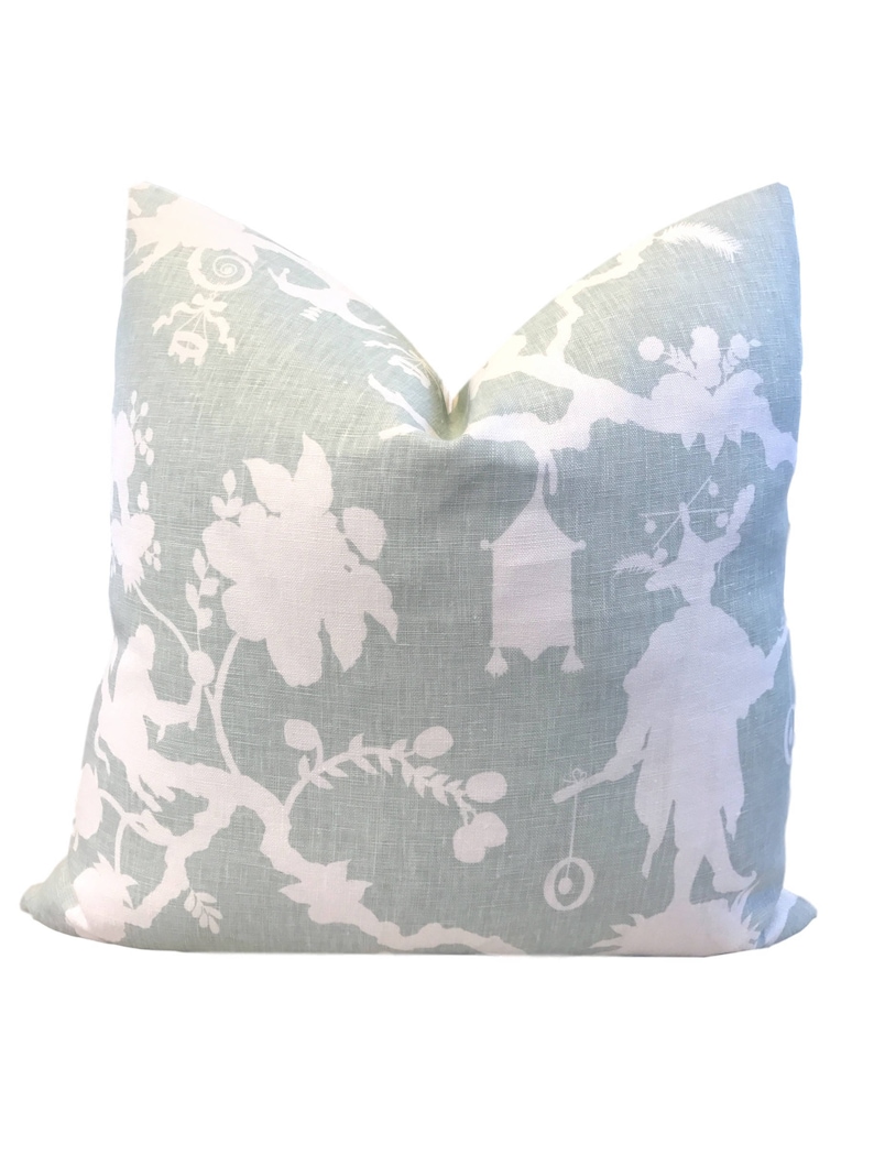 Schumacher Shantung Silhouette Pastel Green Toile Cushion - Chinoiserie Decorative Throw Pillow - Elegant Designer Accent Pillow COVER ONLY image 1