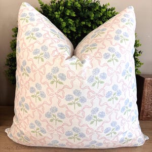 Soft Blue Hydrangea Pillow, Pink Bow Pillow, Preppy Pink Throw Pillow, Ribbon Trellis Pillow, Coquette Nursery, Teen Room Decor COVER ONLY