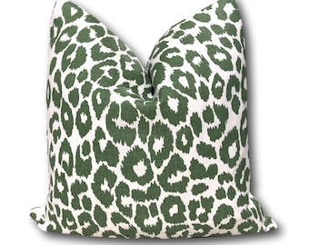 Iconic Leopard Pillow Cover - Schumacher Pillow - Green Animal Pillow - Green Leopard Pillow w/Ivory Linen - Decorative Pillow - COVER ONLY