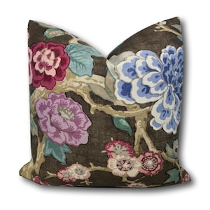 Bermuda Blossoms Cocoa Pillow Cover w/linen reverse - Brown Floral Pillow - Schumacher Pillow Cover - Chinoiserie Pillow COVER ONLY