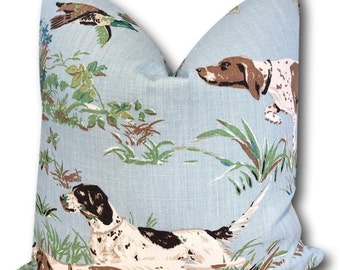 Schumacher Pointers Sky Blue Pillow Cover: Hunting Dog & Quail Design