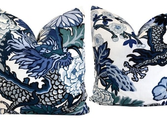 Chiang Mai Pillow Covers One PAIR w/Linen Reverse- Dragon Pillow - Chinoiserie Pillow - Schumacher Pillow  - Decorative Pillow COVERS ONLY