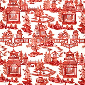 May include: Red and white repeating pattern of Chinese pagodas, bridges, and trees. The design is reminiscent of traditional Chinese wallpaper.