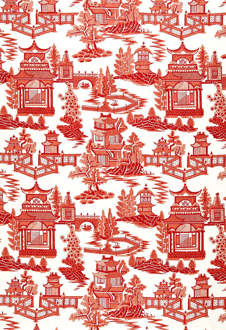 May include: Red and white repeating pattern of Chinese pagodas, bridges, and trees. The design is reminiscent of traditional Chinese wallpaper.