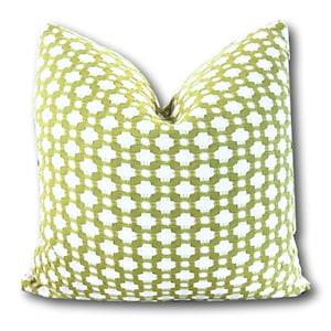 Schumacher Betwixt Leaf Pillow Cover w/ Ivory Linen on Reverse - Green Geometric Pillow Cover - 22 X 22, 20 X 20, 18 X 18  COVER ONLY