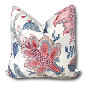 Arborvitae Rose and Delft Pillow Cover w/solid linen reverse- Blue Pink Floral Pillow - Schumacher Pillow 18x18 - 20x20 - 22x22 - COVER ONLY