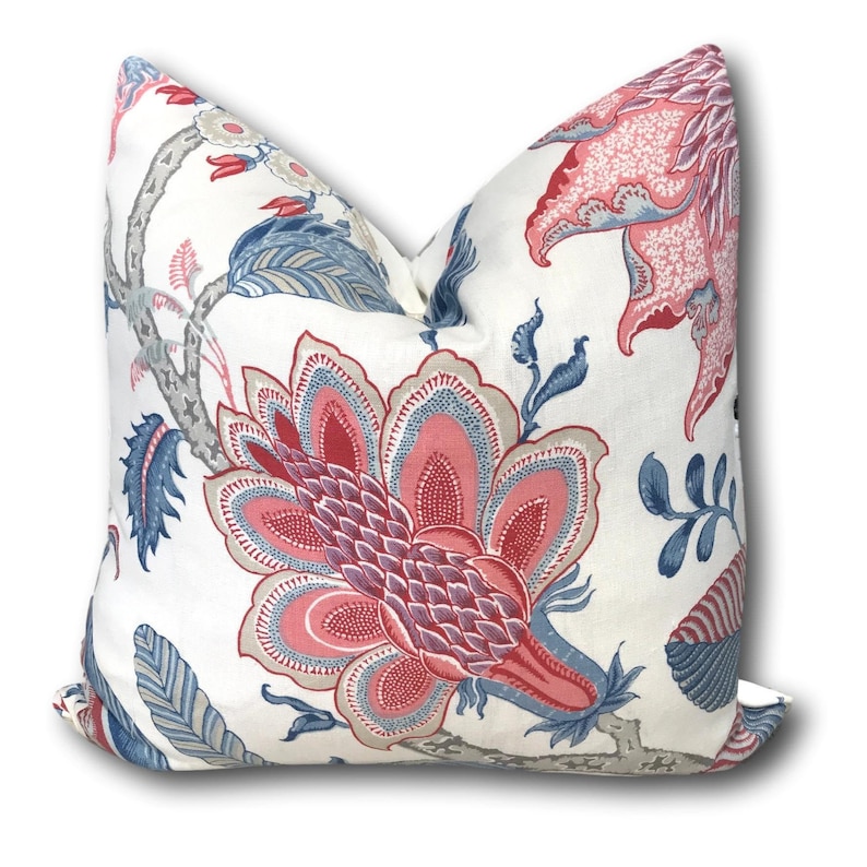 Arborvitae Rose and Delft Pillow Cover w/solid linen reverse Blue Pink Floral Pillow Schumacher Pillow 18x18 20x20 22x22 COVER ONLY image 1