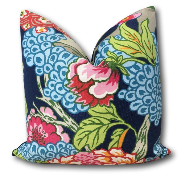 Thibaut Honshu Navy Pillow Cover -  Blue Pink Brown Chinoiserie Floral Pillow Cover 18x18, 20x20, 22x22, Eurosham or lumbar COVER ONLY
