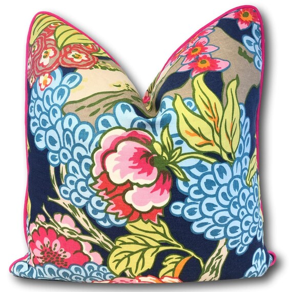 Thibaut Honshu Navy Pillow Cover W/bright Pink Piping Blue Etsy