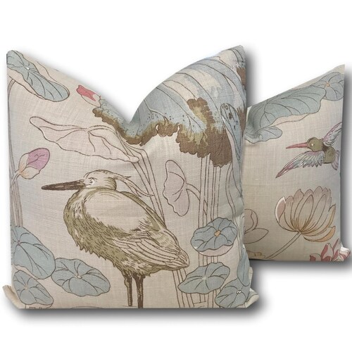 Nympheus Lily Pad Aqua Pink Pillow Cover W/ivory Linen Reverse Etsy