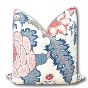 Arborvitae Rose and Delft Pillow Cover w/solid linen reverse Blue Pink Floral Pillow Schumacher Pillow 18x18 20x20 22x22 COVER ONLY image 3