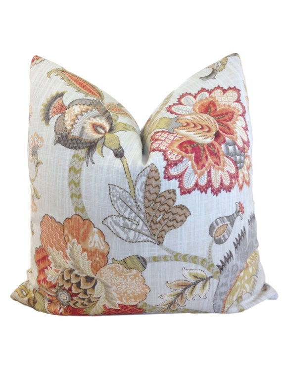 Orange Floral Pillow Cover - Finders Keepers Spice Pillow Cover -Kravet Dalea -Orange Red Green Euro Pillow or Lumbar Pillow - COVER ONLY