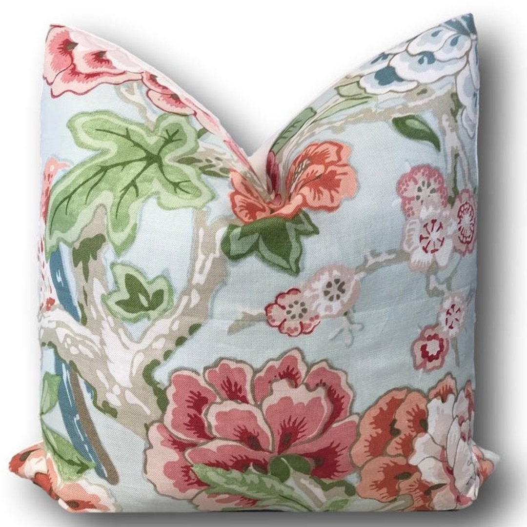 Spa Blue Birds Bermuda Blossoms Aqua Pillow Cover W/ivory Linen Reverse ...