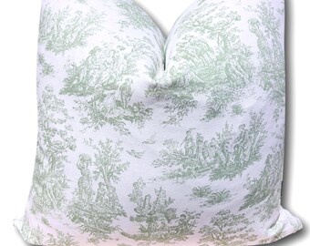 Green Toile Pillow Cover: Handmade French Country Cottage Decor